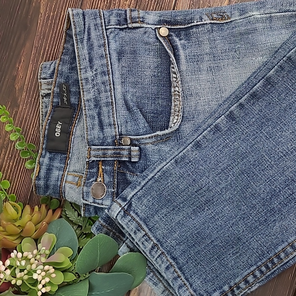 OBEY ANNIE FIT LOW WAIST SLIM LEG DENIM BLUE JEANS
